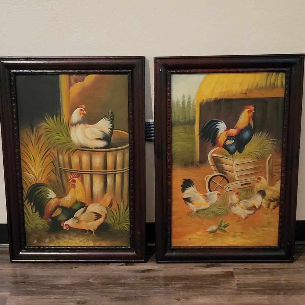 Charming Barnyard & Chickens Oil Paintings with Wood Frames. Vintage from 1970's